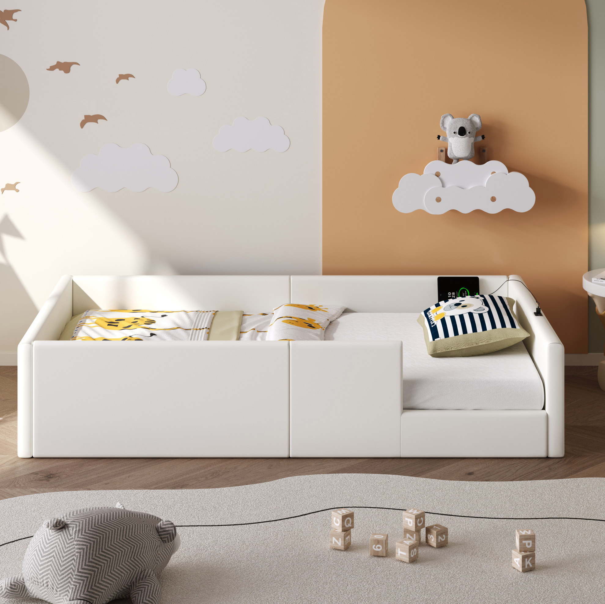 Letto singolo 90x200 cm bianco in similpelle con sponde e stazione di ...