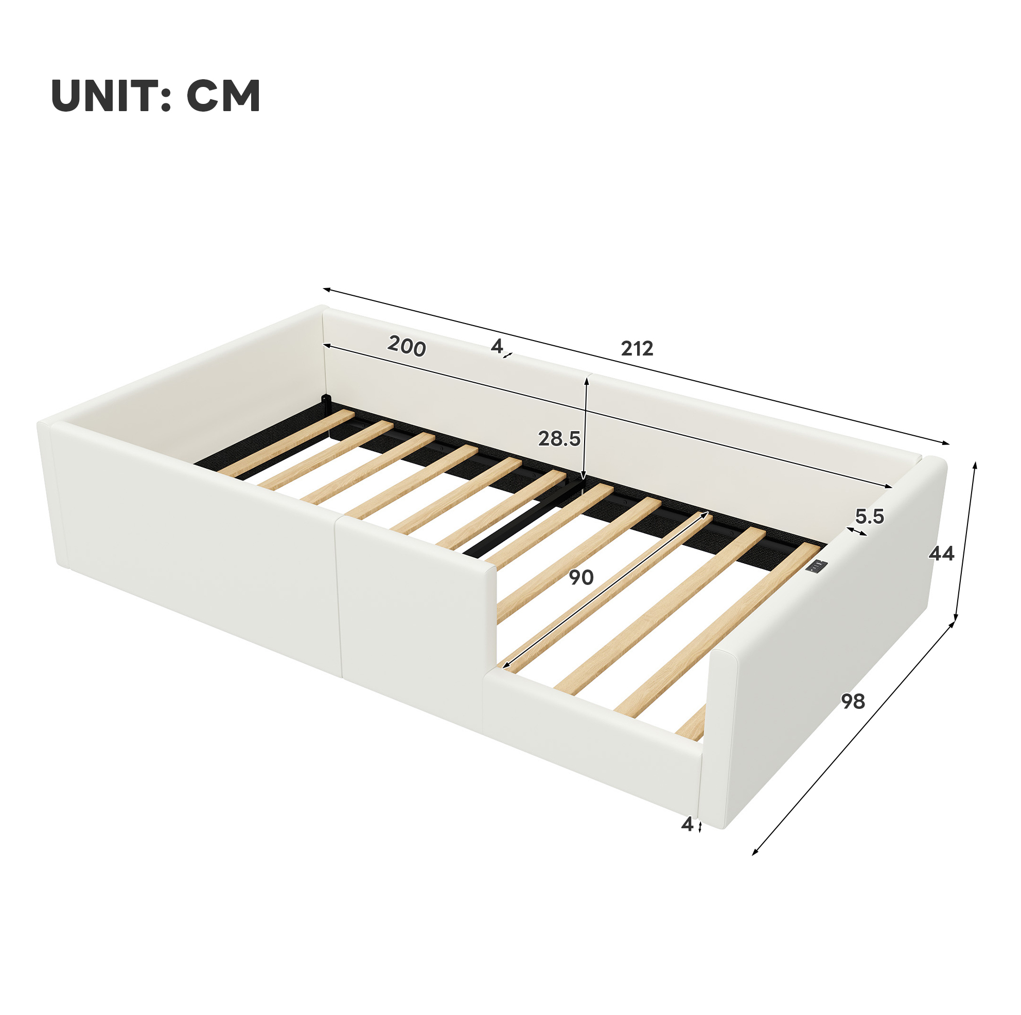 Letto singolo 90x200 cm bianco in similpelle con sponde e stazione di ...