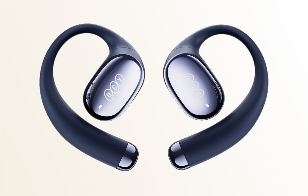 Un paio di cuffie wireless blu con ganci per le orecchie posizionate simmetricamente su uno sfondo chiaro.
