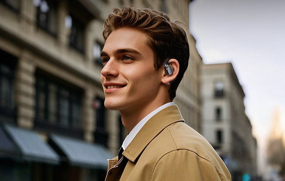 Giovane uomo con un cappotto beige sorridente per strada, con indosso cuffie wireless grigie