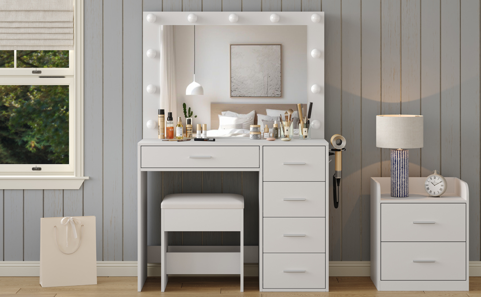 Coiffeuse avec tiroirs de rangement et station de charge