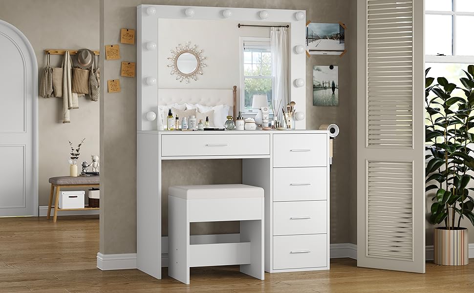 Coiffeuse blanche avec miroir LED et tabouret