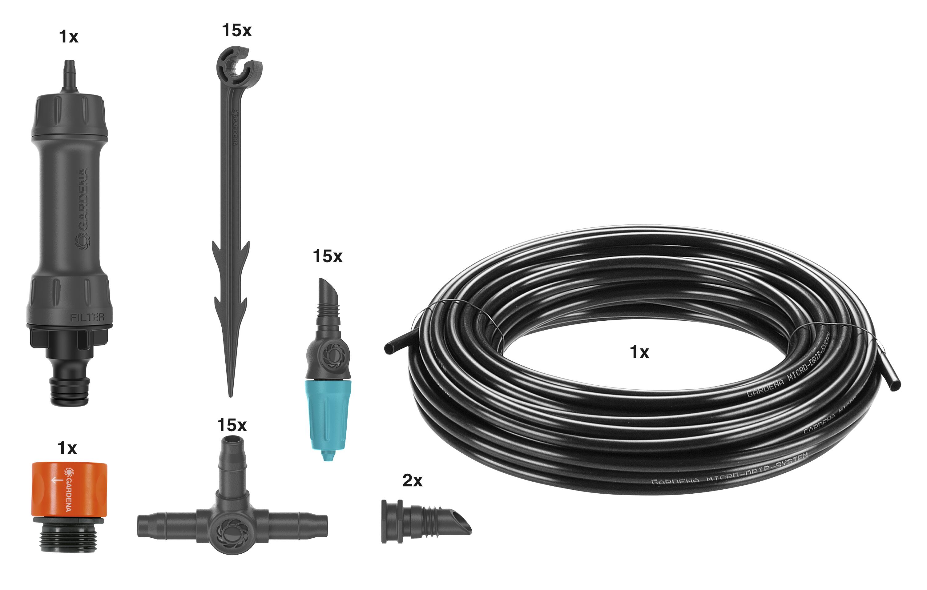 Kit d’initiation 25 m de tuyau à goutteurs incorporés et bouchon fin de ligne GARDENA 13502-26