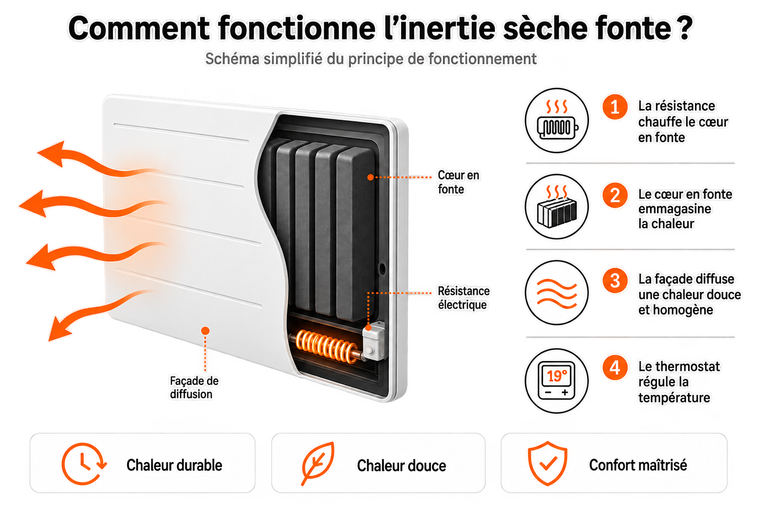 Fonctionnement du radiateur à inertie sèche fonte FONTEA CONNECT Voltman
