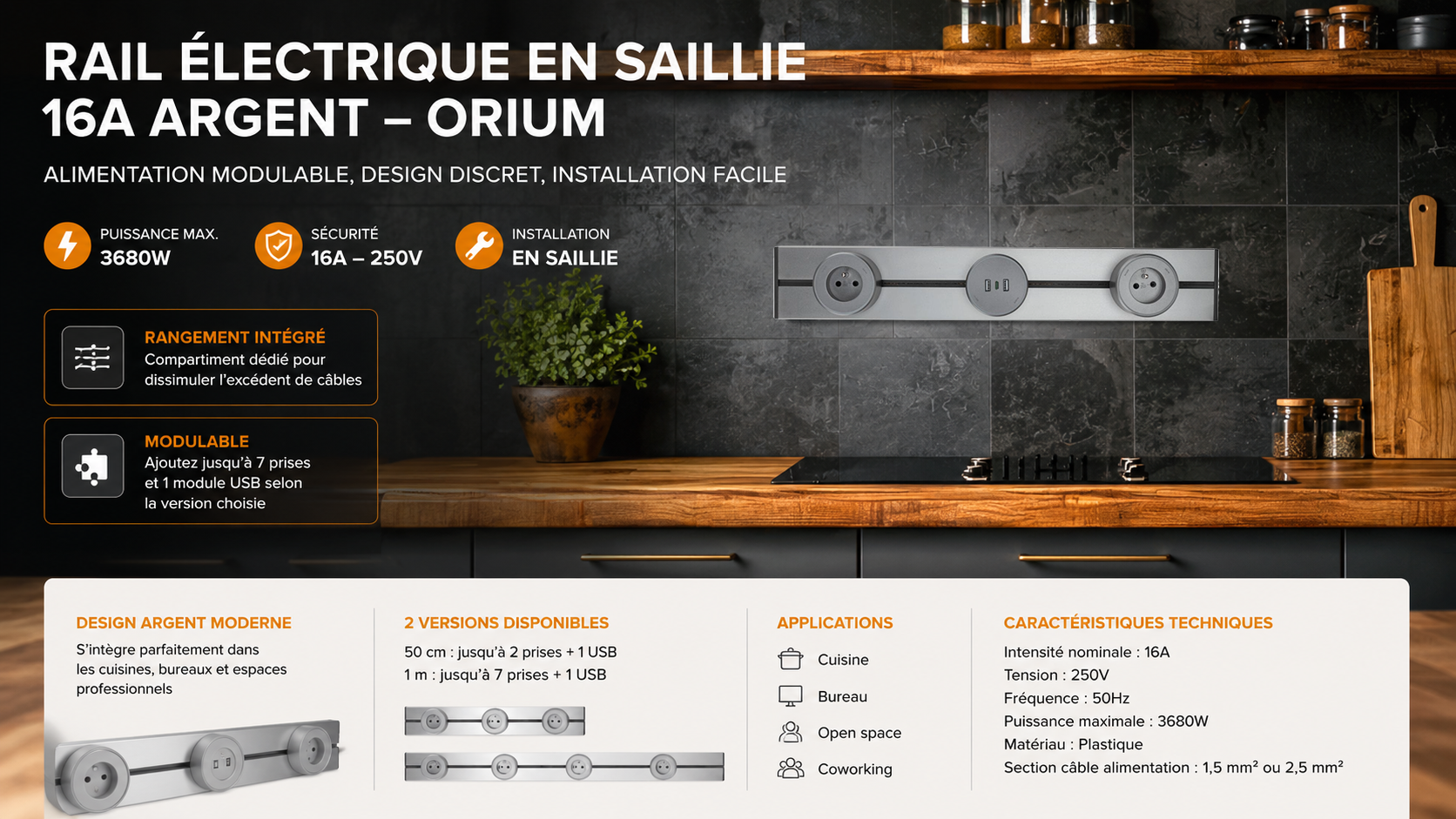 Rail électrique modulable Orium avec prises et module USB