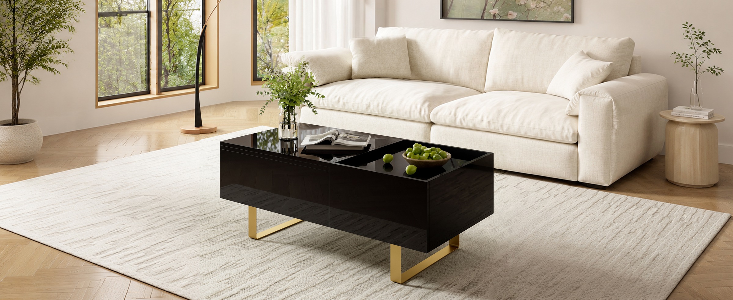 Table Basse Noir, Rangement, Étagères Réglables, Plan Relevable, 1 Tiroir, Design Moderne - MDF et Métal - 100x50x54.5cm - Salon 2
