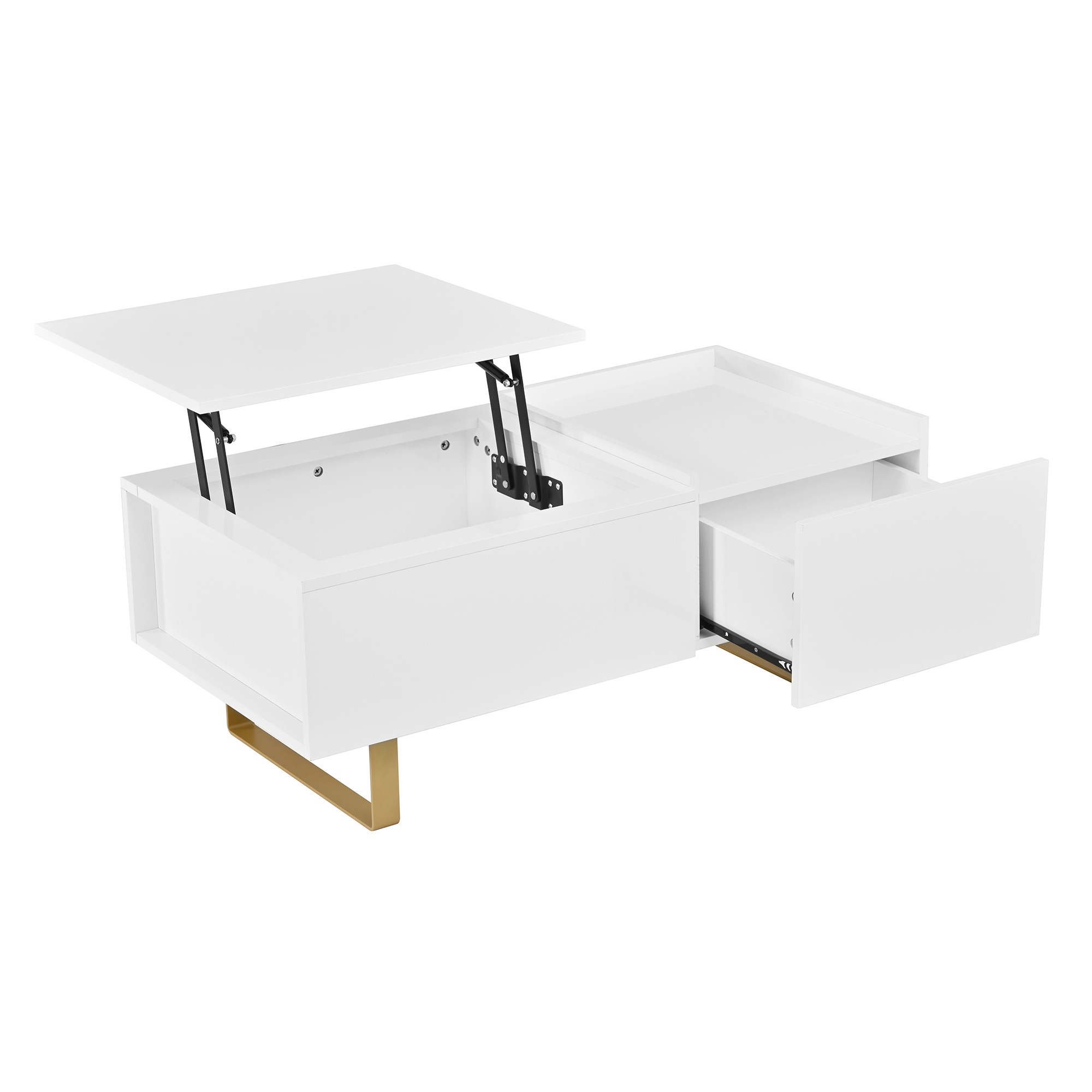 Table Basse Blanc, Rangement, Étagères Réglables, Plan Relevable, 1 Tiroir, Design Moderne - MDF et Métal - 100x50x54.5cm - Salon 6