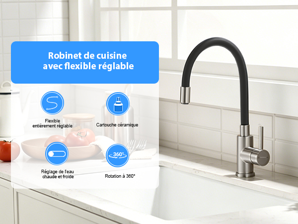 Robinet de cuisine avec flexible reglable - 4 fonctionnalites