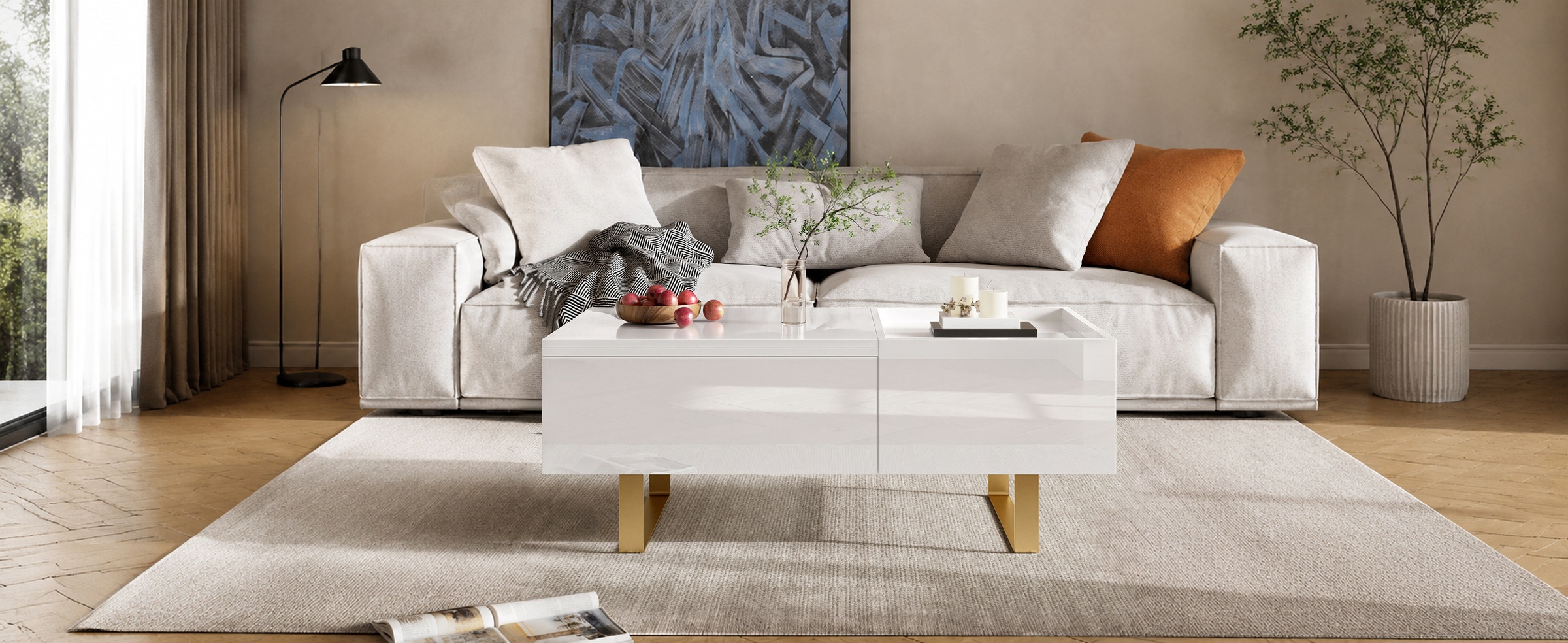 Table Basse Blanc, Rangement, Étagères Réglables, Plan Relevable, 1 Tiroir, Design Moderne - MDF et Métal - 100x50x54.5cm - Salon 2