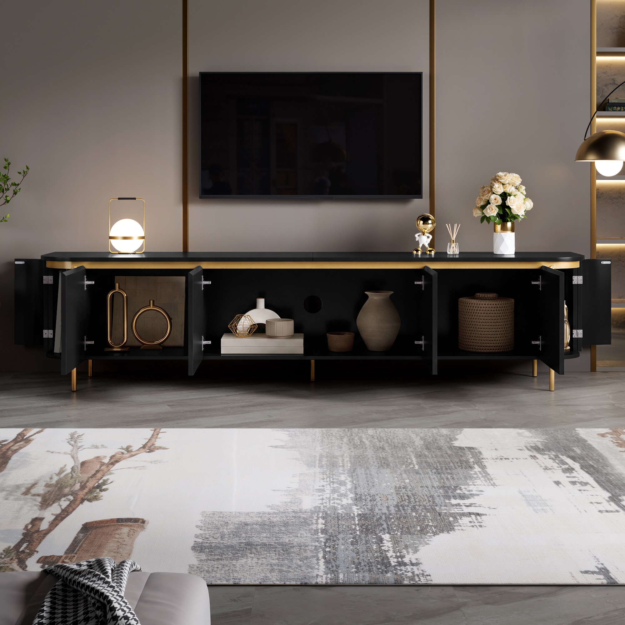 Meuble TV Noir, 1 Porte, Rangement, Gestion des Câbles, Design Moderne, Angles Arrondis, Façade Texturée - 180x38x46cm - Salon 5
