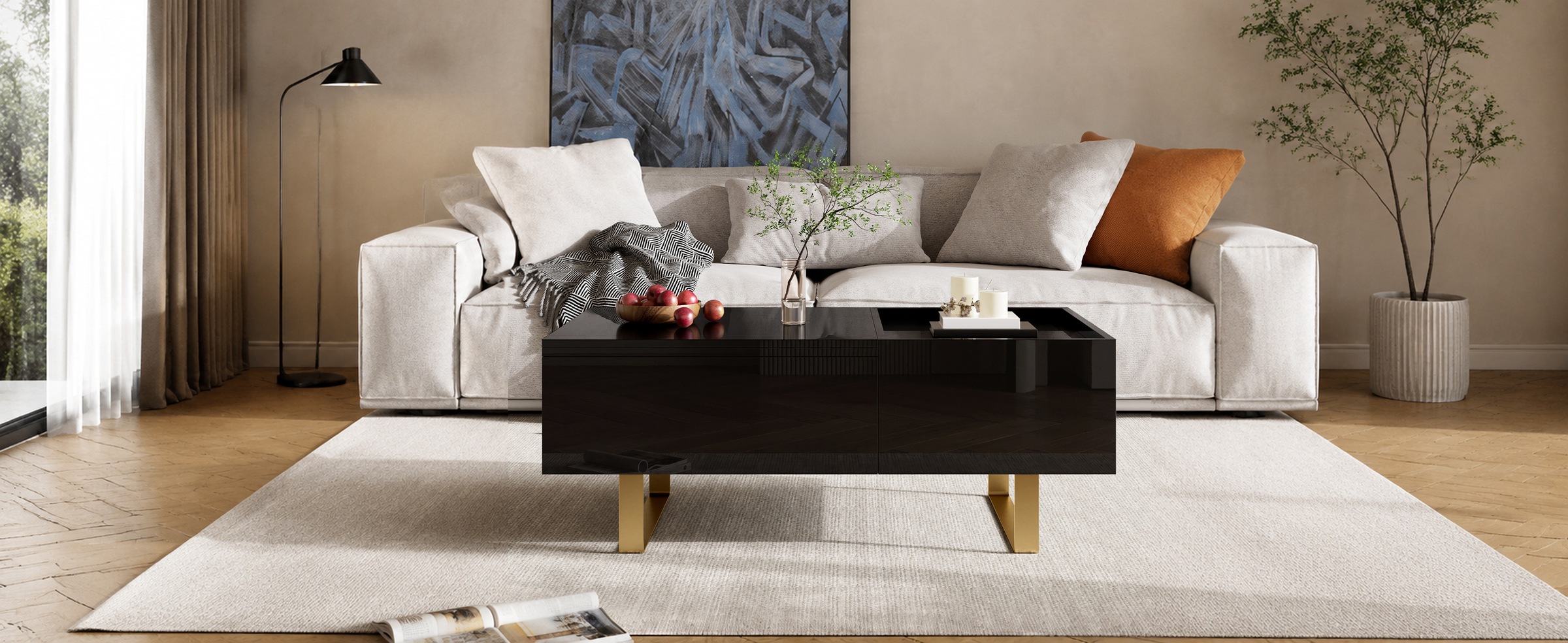 Table Basse Noir, Rangement, Étagères Réglables, Plan Relevable, 1 Tiroir, Design Moderne - MDF et Métal - 100x50x54.5cm - Salon 1