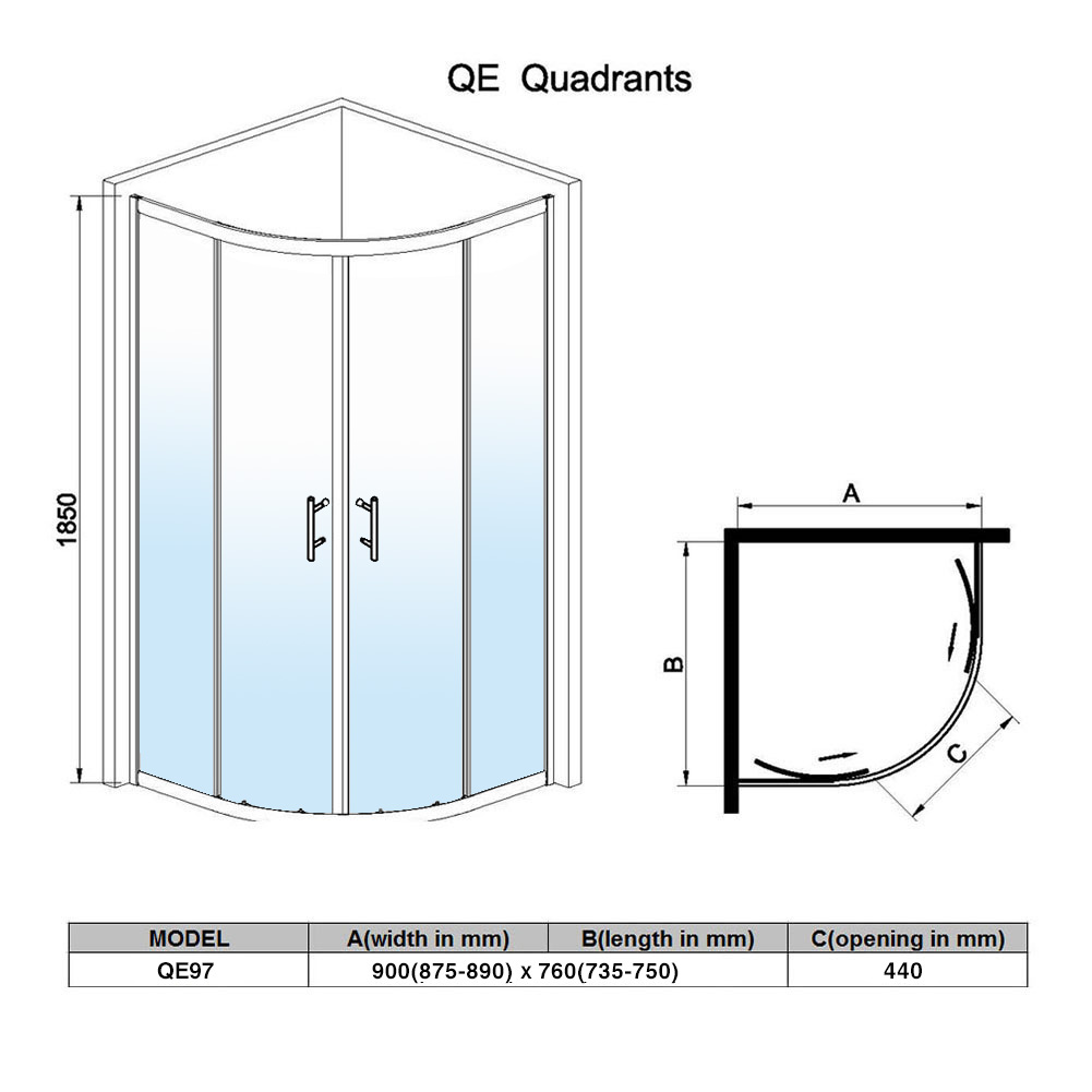 ELEGANT 900 x 760 mm Quadrant Shower Cubicle 6mm Glass Sliding door ...