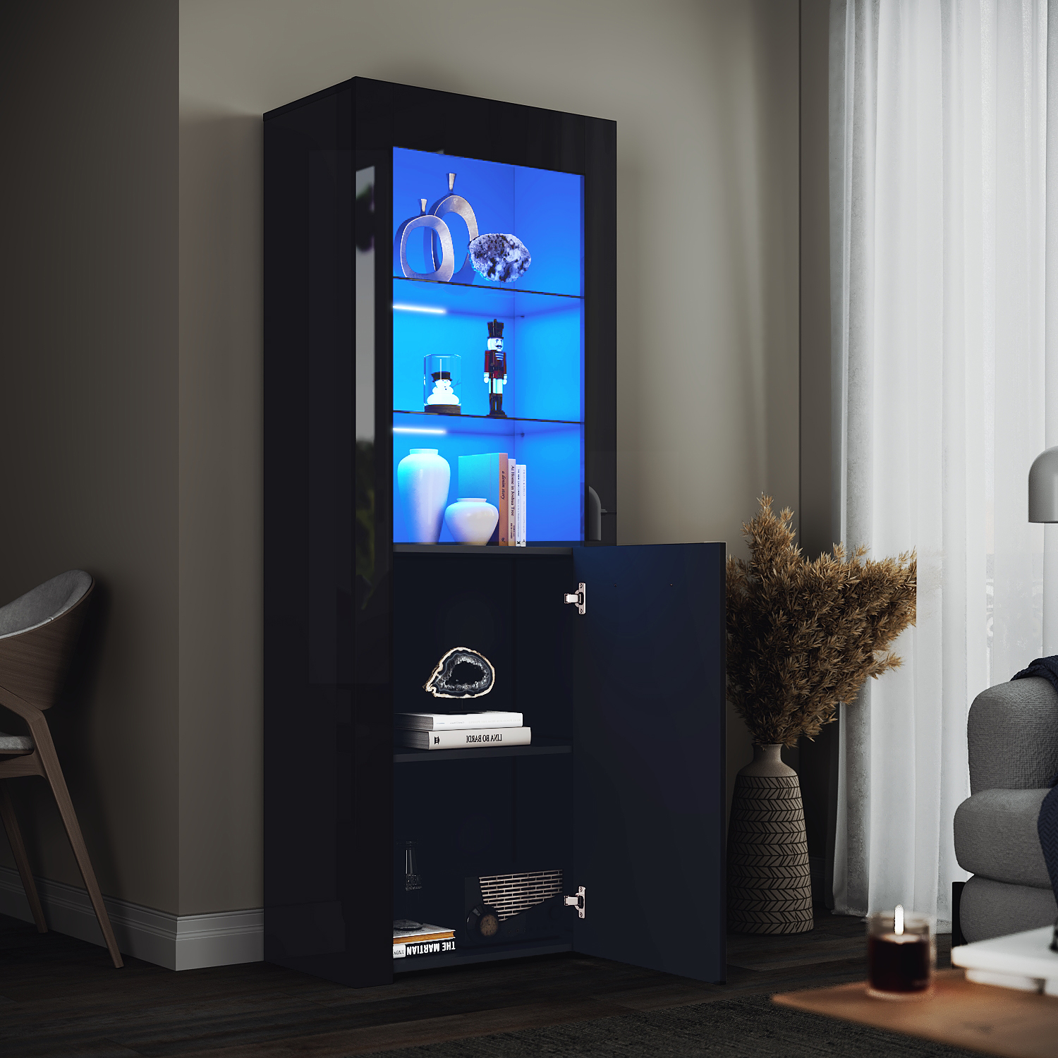 ELEGANT Modern LED Large Display Cabinet In Black High Gloss 1650 X 600 X 35 Mm Cupboard With 5mm Tempered Safety Glass Shelves Sideboard Unit For Living Room -Living Room Furniture Store AAHKMJXYDAFdJAOAIMEbOAchQ6yL3