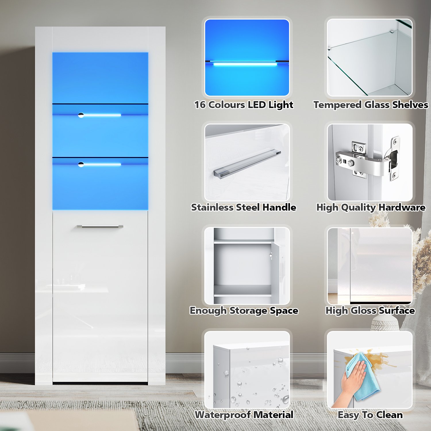 ELEGANT Modern LED Large Display Cabinet In White High Gloss 1650 X 600 X 35 Mm Cupboard With 5mm Tempered Safety Glass Shelves Sideboard Unit For Living Room -Living Room Furniture Store AAHKMJXYDAFdJAOAIMEbOAchQ6yL3