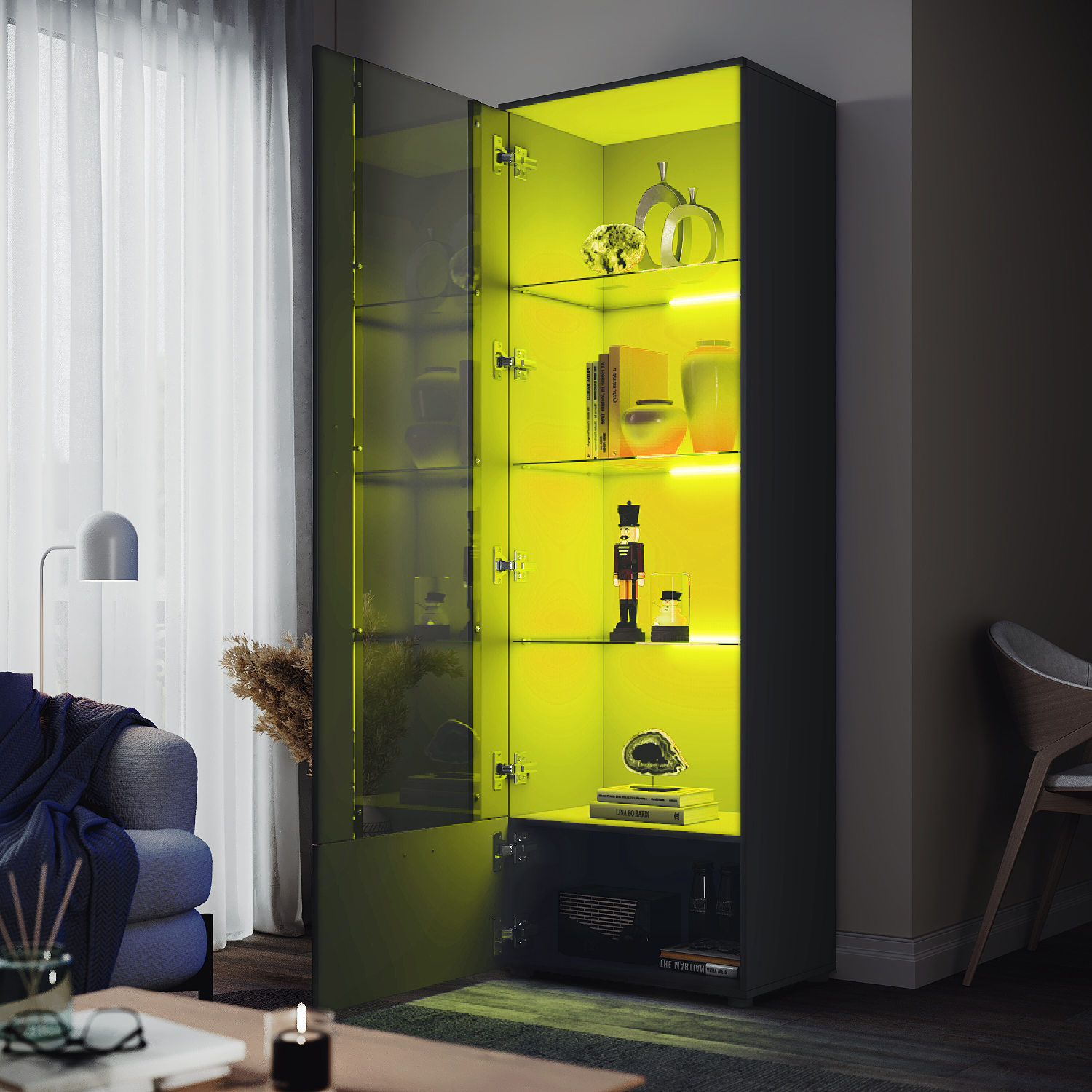 ELEGANT Modern LED Tall Display Cabinet In Black High Gloss 1870 X 600 X 40 Mm Cupboard With 5mm Tempered Safety Glass Shelves Sideboard Unit For Living Room -Living Room Furniture Store AAHKMJXYDAFdJAOAIMEbOAchQ6yL3