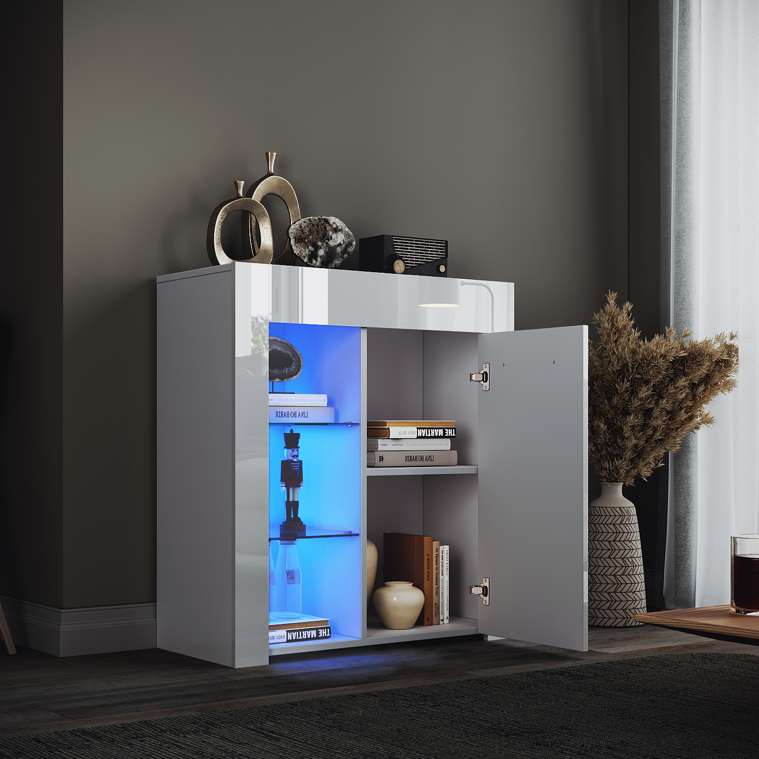 ELEGANT Modern LED Small Display Cabinet In White High Gloss 830 X 750 X 35 Mm Cupboard With 5mm Tempered Safety Glass Shelves Sideboard Unit For Living Room -Living Room Furniture Store AAHKMJXYDAFdJAOAIMEbOAchQ6yL3