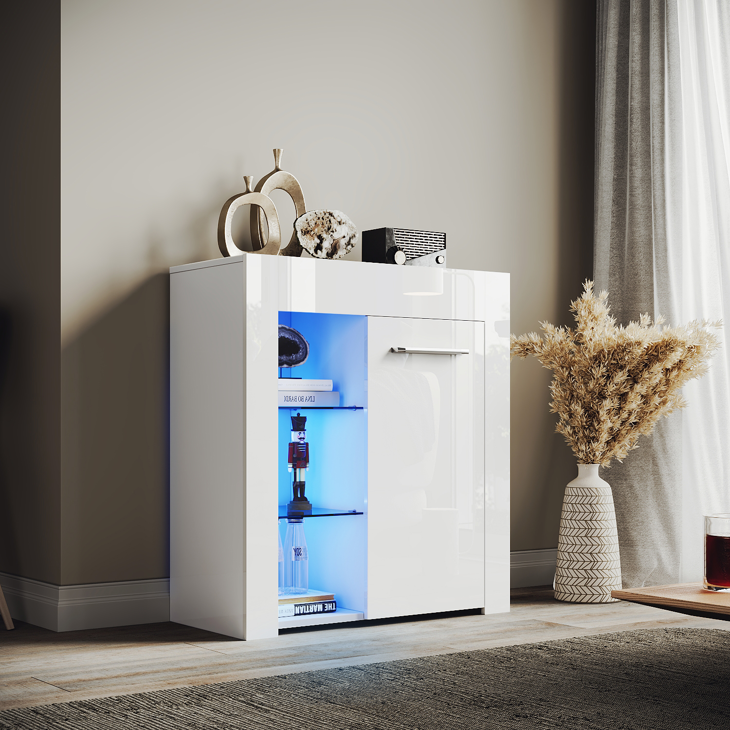 ELEGANT Modern LED Small Display Cabinet In White High Gloss 830 X 750 X 35 Mm Cupboard With 5mm Tempered Safety Glass Shelves Sideboard Unit For Living Room -Living Room Furniture Store AAHKMJXYDAFdJAOAIMEbOAchQ6yL3