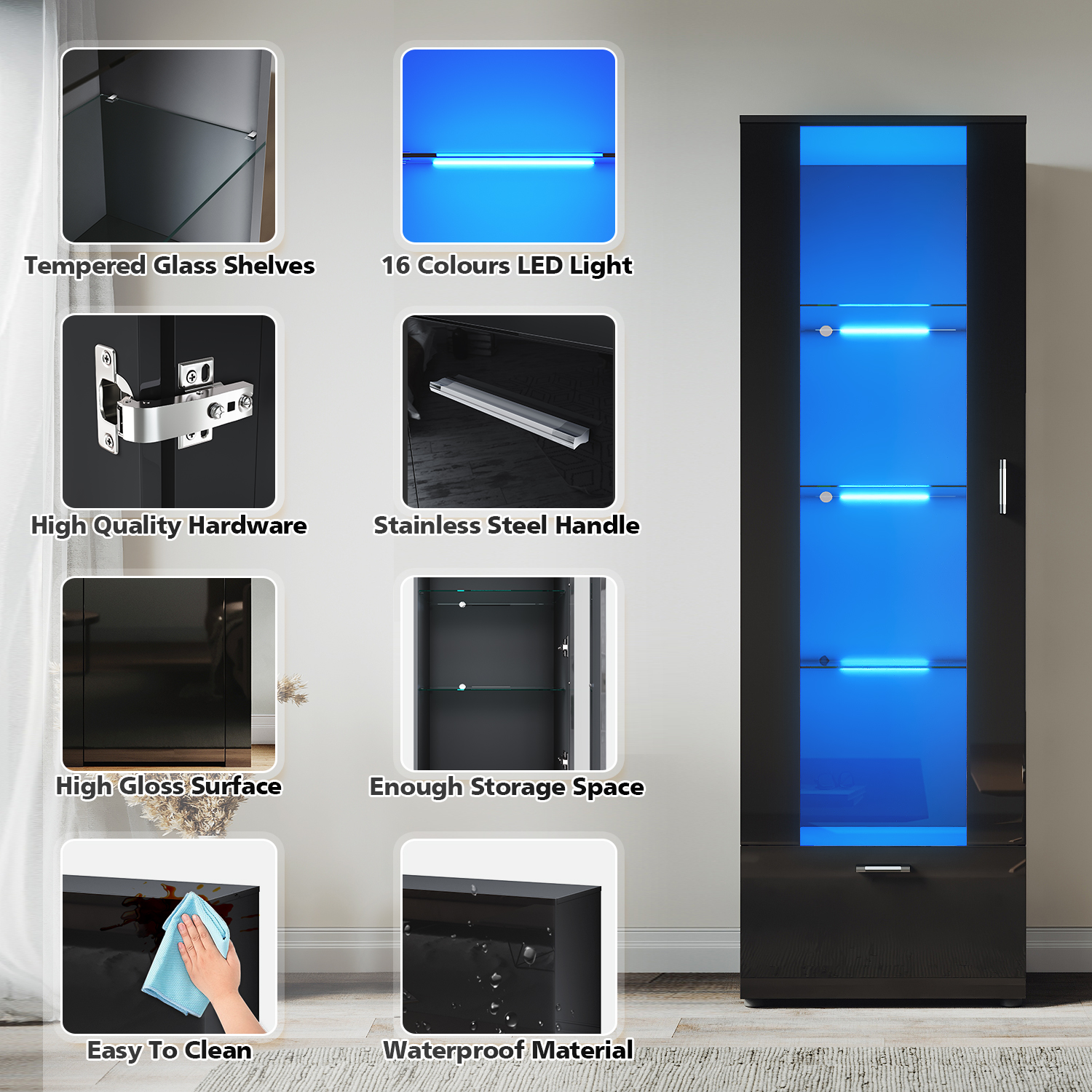 ELEGANT Modern LED Tall Display Cabinet In Black High Gloss 1870 X 600 X 40 Mm Cupboard With 5mm Tempered Safety Glass Shelves Sideboard Unit For Living Room -Living Room Furniture Store AAHKMJXYDAFdJAOAIMEbOAchQ6yL3