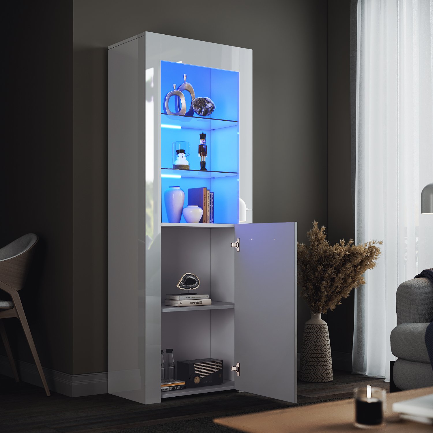 ELEGANT Modern LED Large Display Cabinet In White High Gloss 1650 X 600 X 35 Mm Cupboard With 5mm Tempered Safety Glass Shelves Sideboard Unit For Living Room -Living Room Furniture Store AAHKMJXYDAFdJAOAIMEbOAchQ6yL3