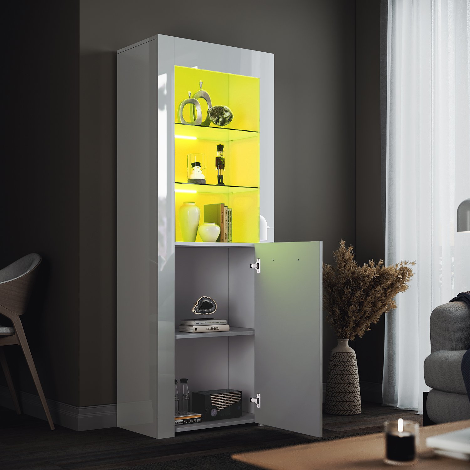 ELEGANT Modern LED Large Display Cabinet In White High Gloss 1650 X 600 X 35 Mm Cupboard With 5mm Tempered Safety Glass Shelves Sideboard Unit For Living Room -Living Room Furniture Store AAHKMJXYDAFdJAOAIMEbOAchQ6yL3