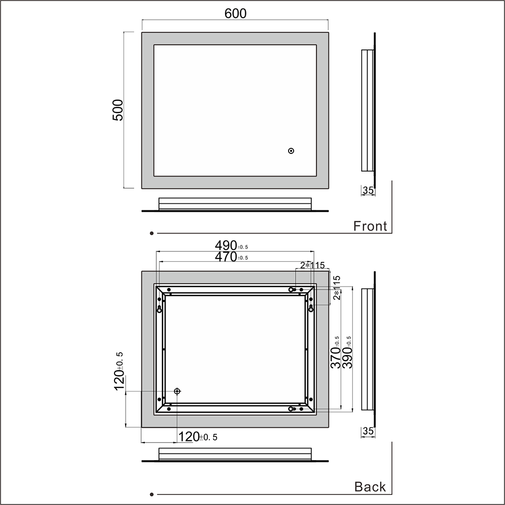 ELEGANT 600 x 500 mm Bathroom Mirror LED Lights Horizontal Vertical