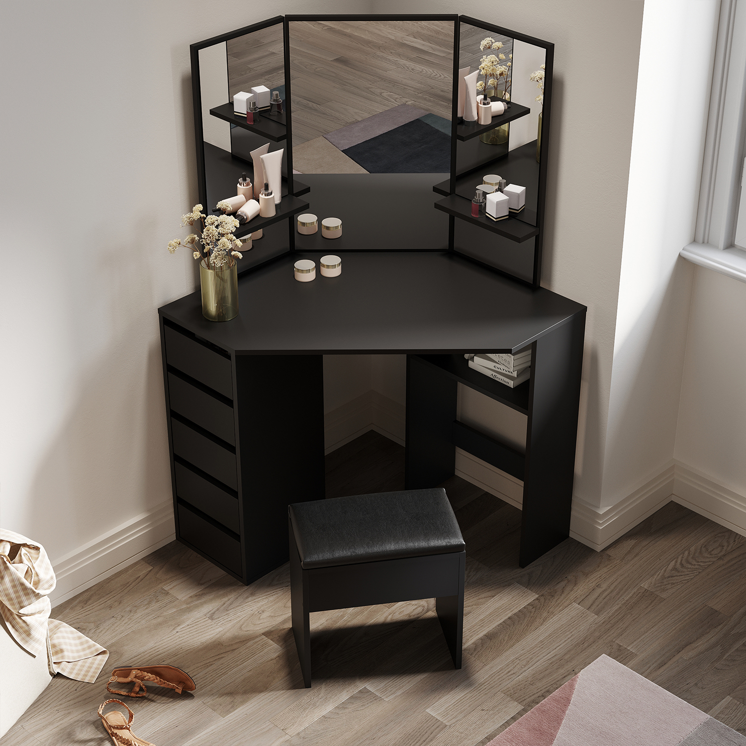 40x24x40cm ELEGANT Dressing Table Stool, Black Modern Cushioned Stool ...