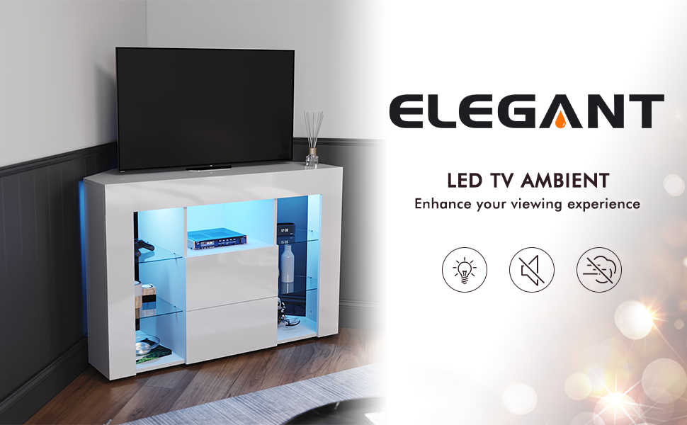 White corner tv unit deals with led lights