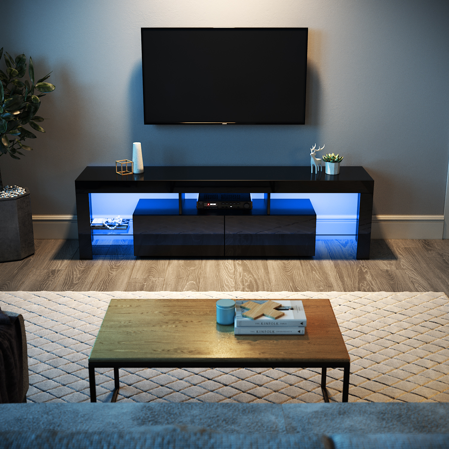 ELEGANT Black TV Stand Modern Gloss MFC TV Unit with 2 Drawers and 2 Glass Shelf Living