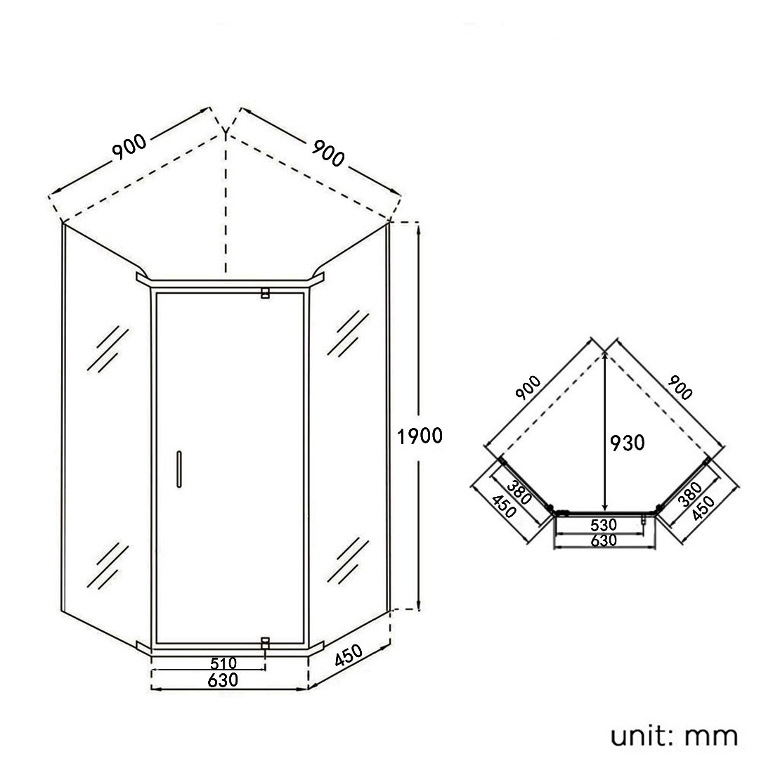 ELEGANT 900x900mm Semi-Frameless Pivot Pentagonal Shower Enclosure 8mm ...