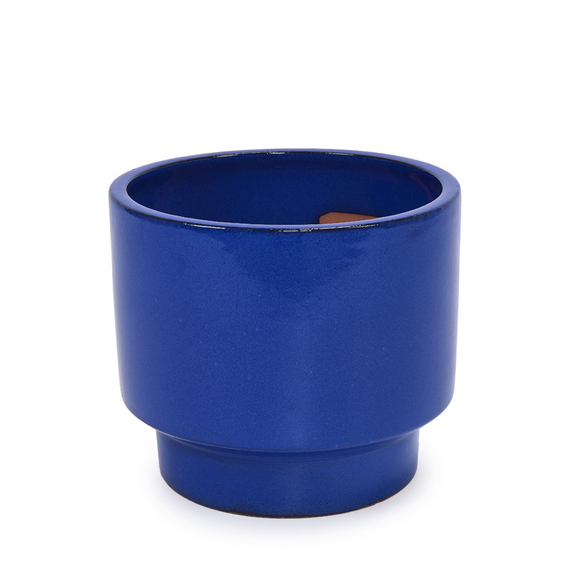 Lot de 3 pots de fleurs en céramique bleue avec glaçure unie brillante et trous de drainage