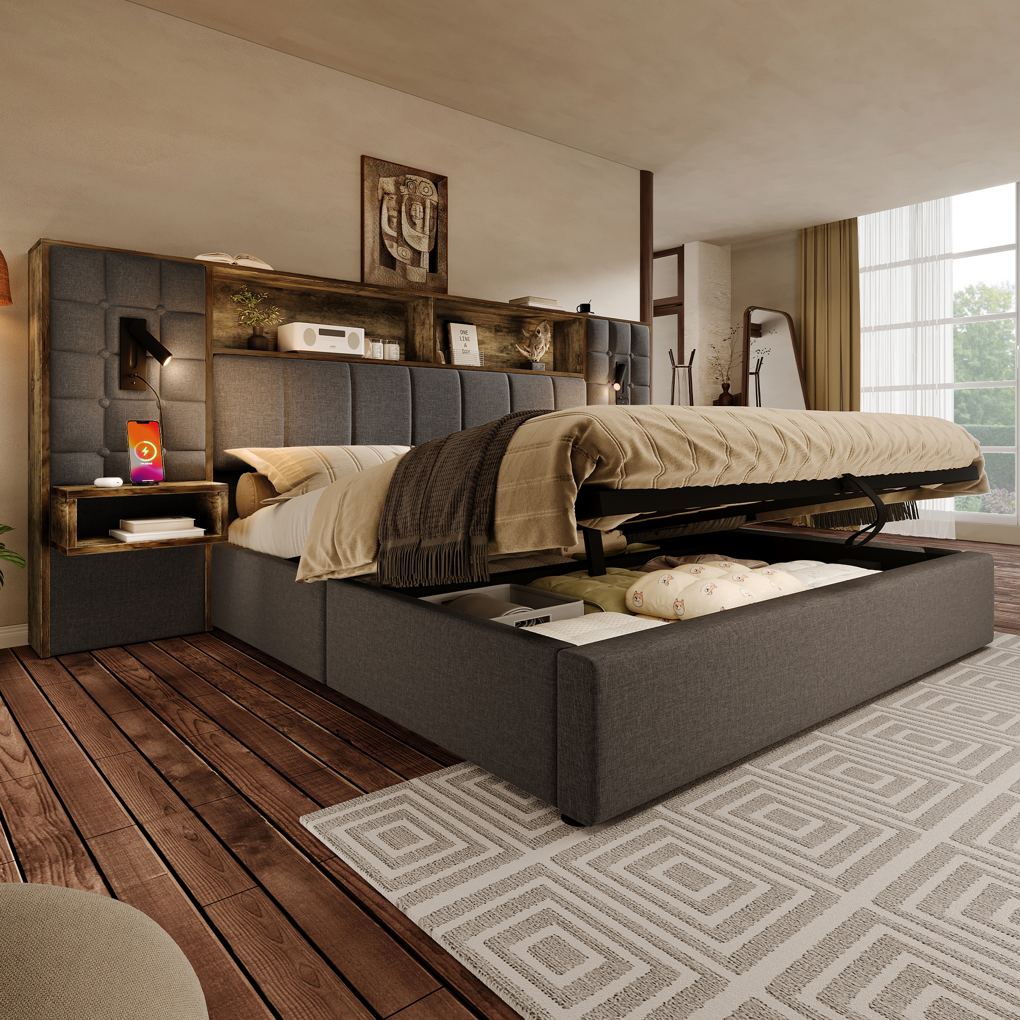 Lit coffre 180 x 200 cm gris avec éclairage, chevets et ports USB