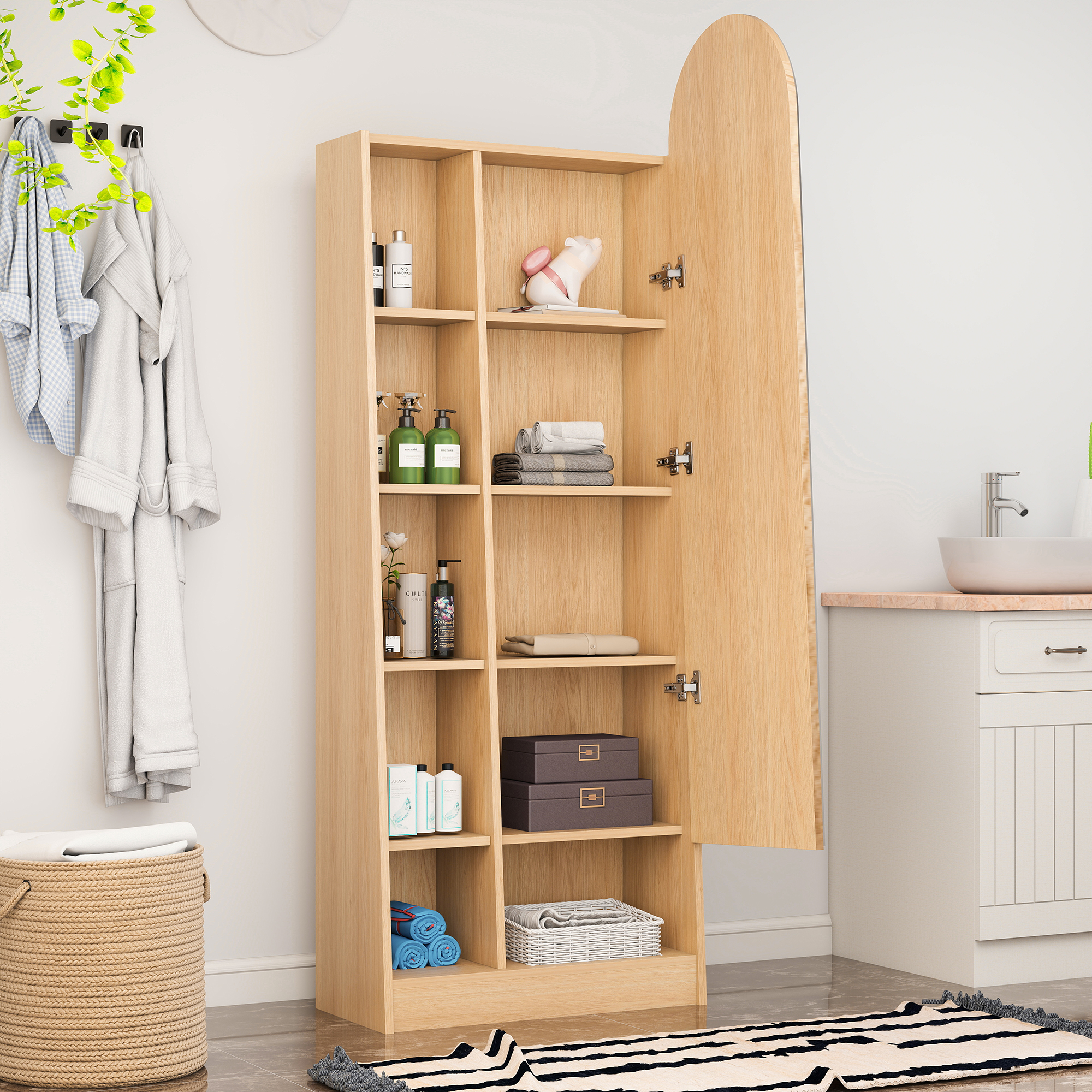 Armoire haute portes ouvertes montrant rangements intérieurs