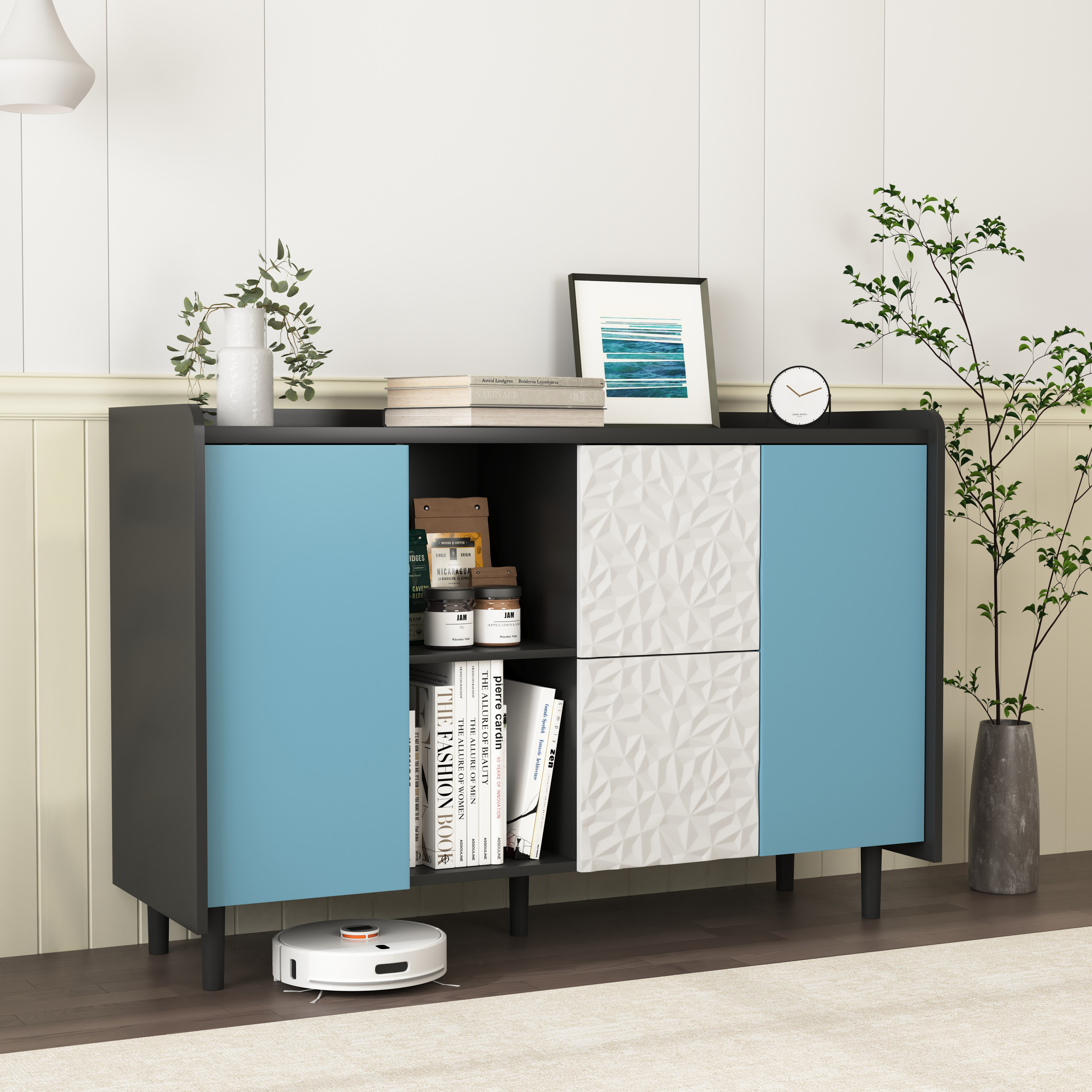 Buffet sideboard noir portes bleues vue complète