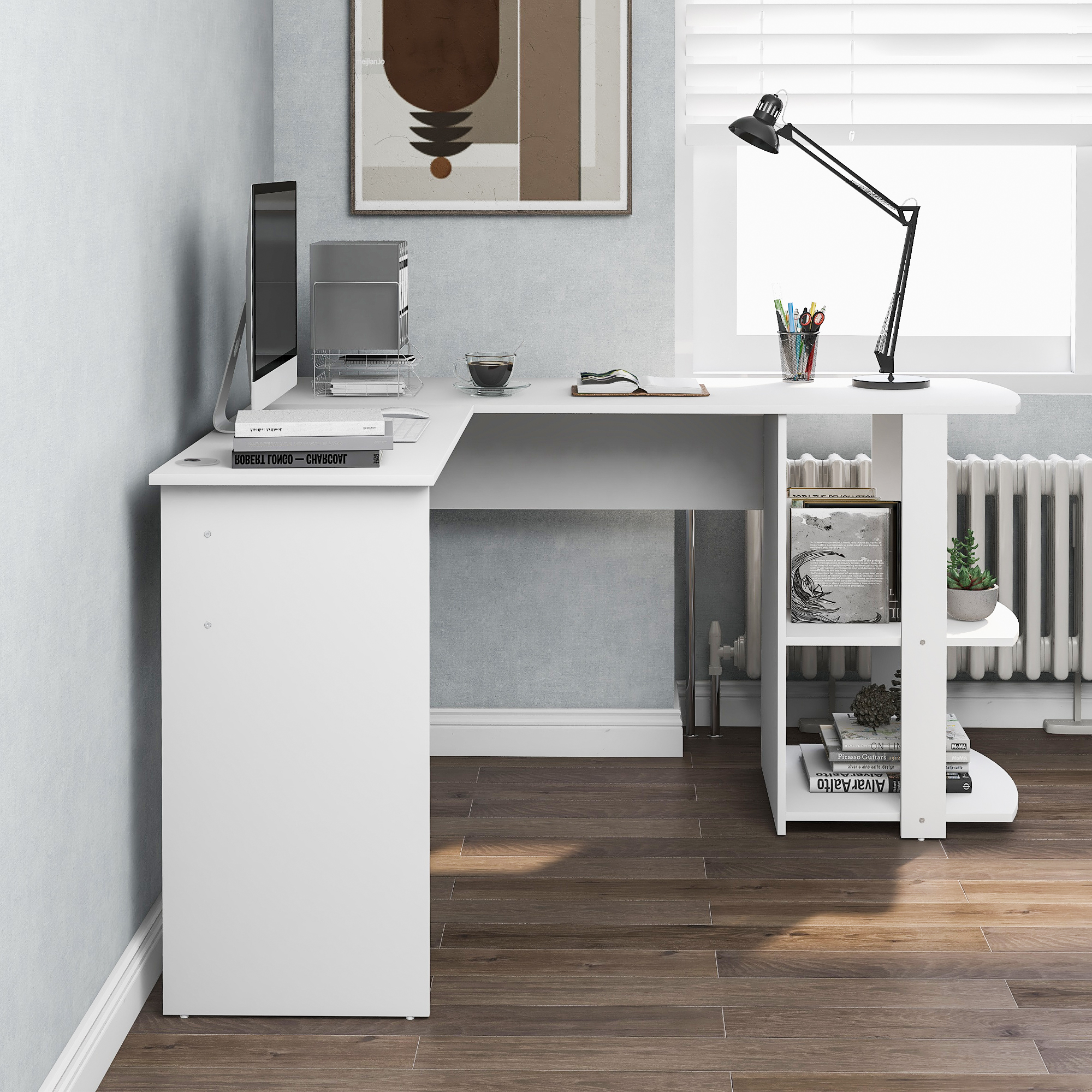 Détail bureau angle blanc surface mélamine hydrofuge