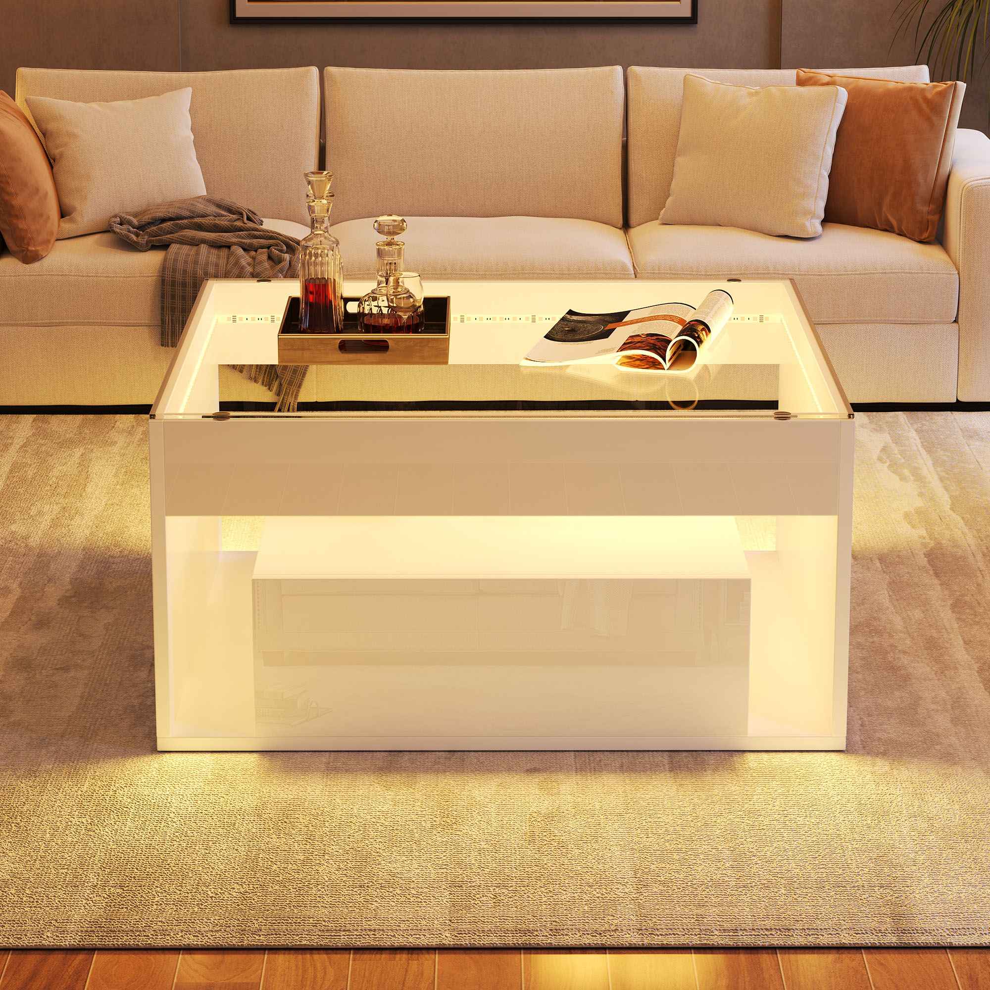 Table basse tiroirs ouverts montrant rangement intérieur