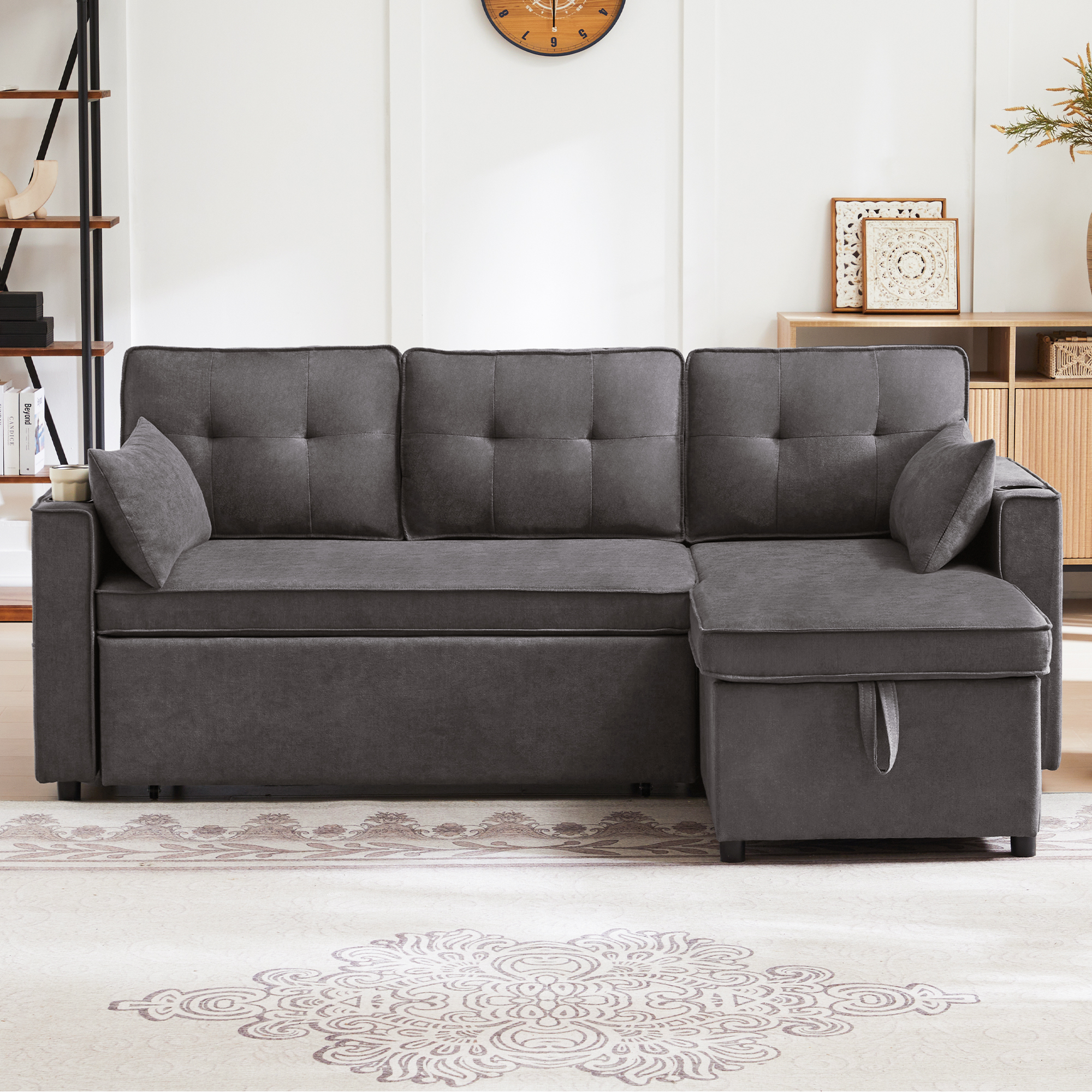Canapé d’angle convertible gris avec méridienne, rangement et porte-gobelets