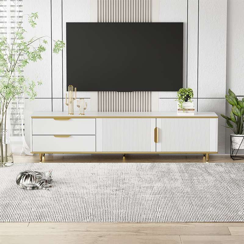 Meuble TV blanc or texture sculptée vue complète salon