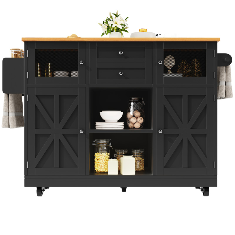 Îlot de cuisine noir 140 cm avec plateau rabattable, tiroirs, rangements réglables, porte-serviettes et roulettes
