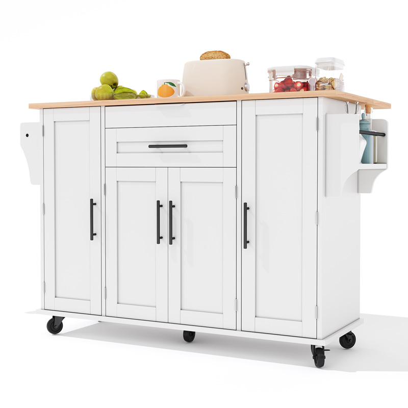 Îlot de cuisine mobile blanc et bois naturel avec plateau extensible, tiroirs et rangements
