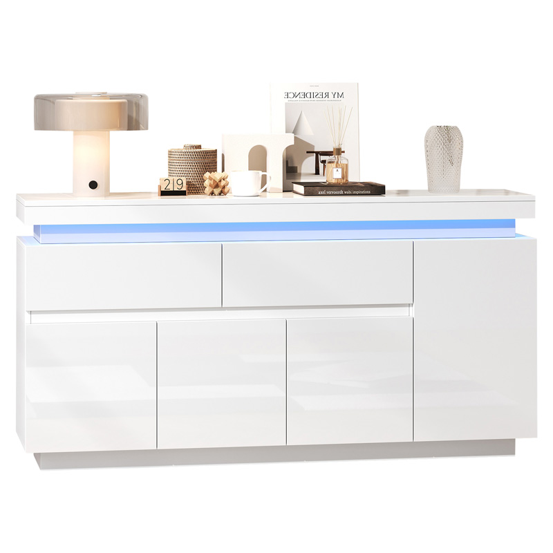 Buffet blanc brillant 140 cm avec quatre portes, deux tiroirs, étagères réglables et éclairage LED