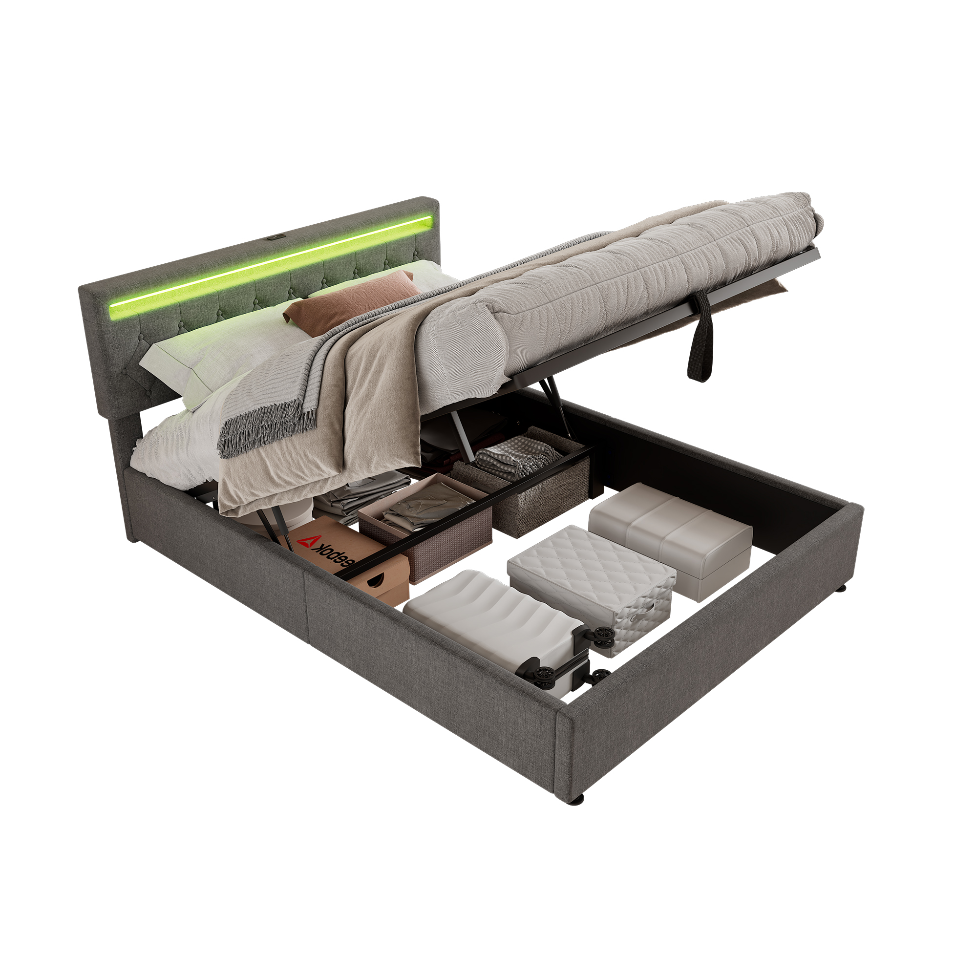 Lit hydraulique gris complet avec LED