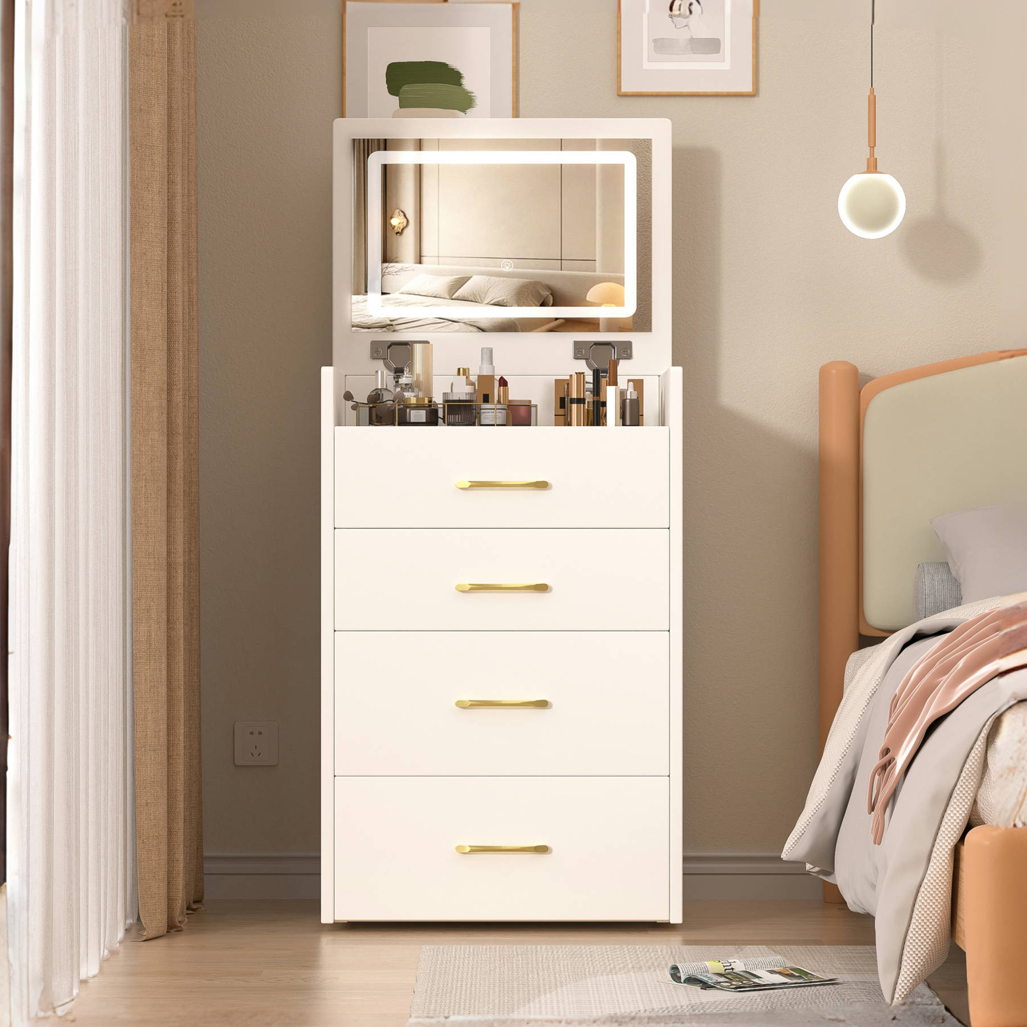 Coiffeuse 3-en-1 fermée mode table de chevet miroir relevable