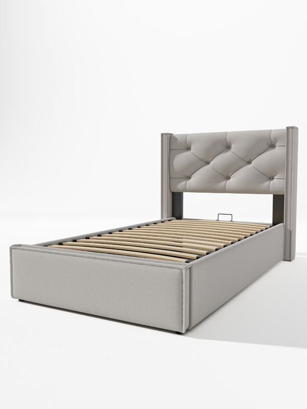 Lit simple rembourré gris clair 90 x 200 cm avec sommier relevable, coffre de rangement et matelas inclus