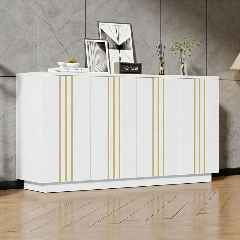 Buffet blanc et doré avec 4 portes, rangements intérieurs et séparations réglables