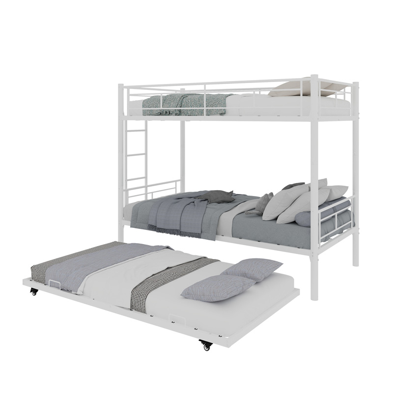 Lit superposé triple blanc en métal 90 x 190 cm avec échelle intégrée et barrières de sécurité