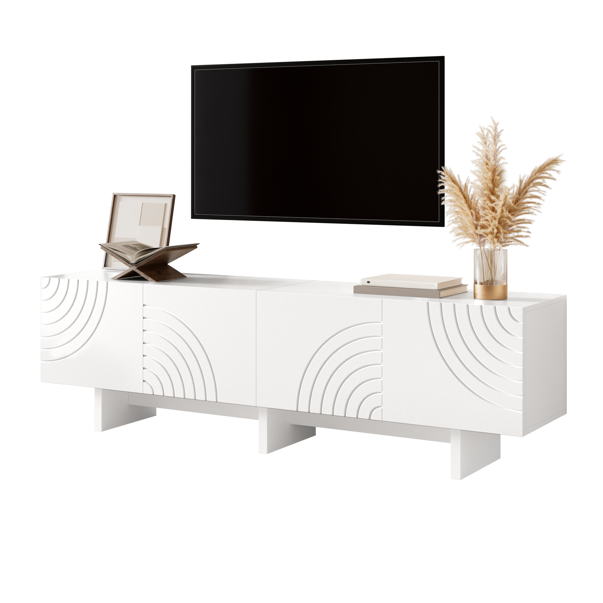 Meuble TV blanc 170 cm avec portes à motif géométrique en relief