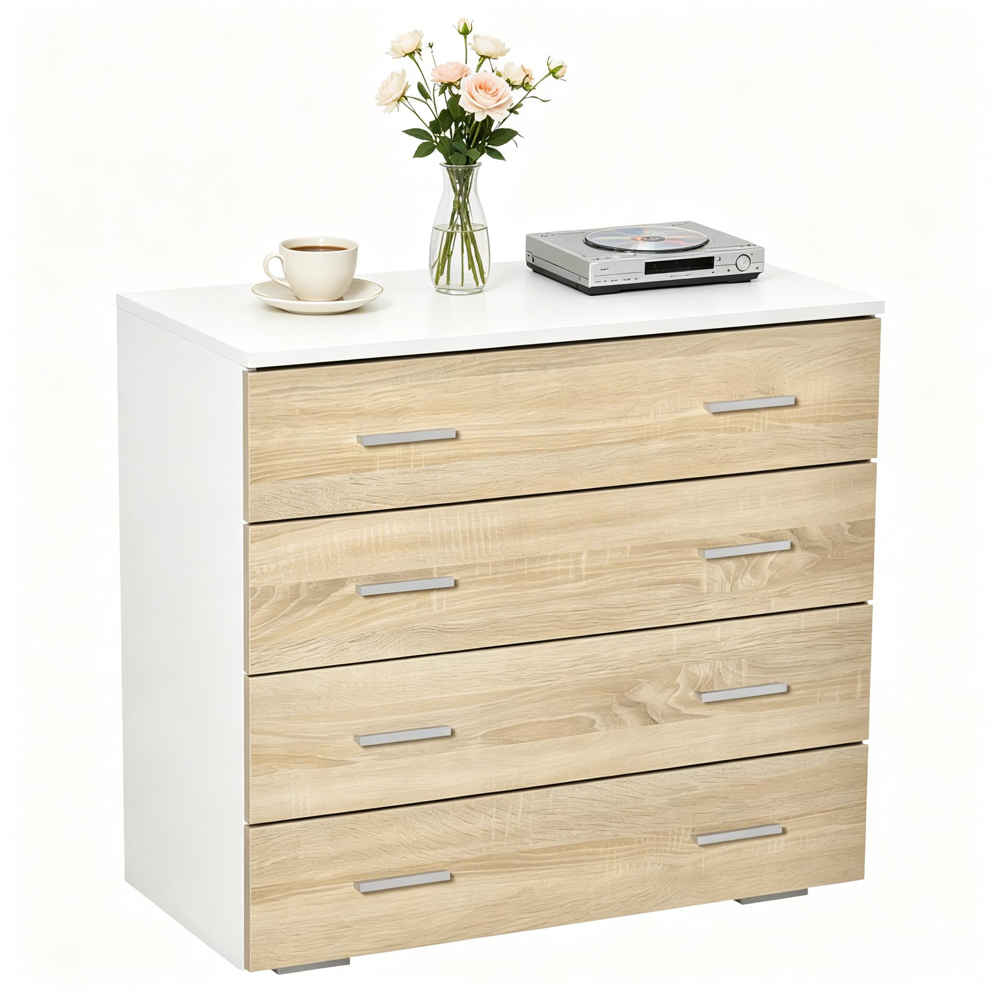 Commode blanche et bois clair avec 4 tiroirs pour salon ou chambre
