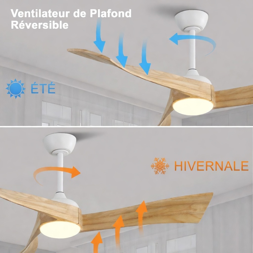 Lumière LED 3 températures allumée et pales bois détaillées