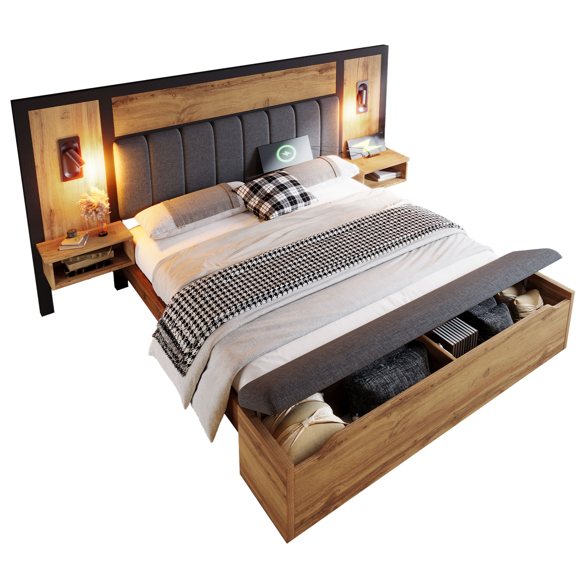 Lit double rembourré 160 x 200 cm avec lampes de lecture, chevets USB-C et banc de rangement