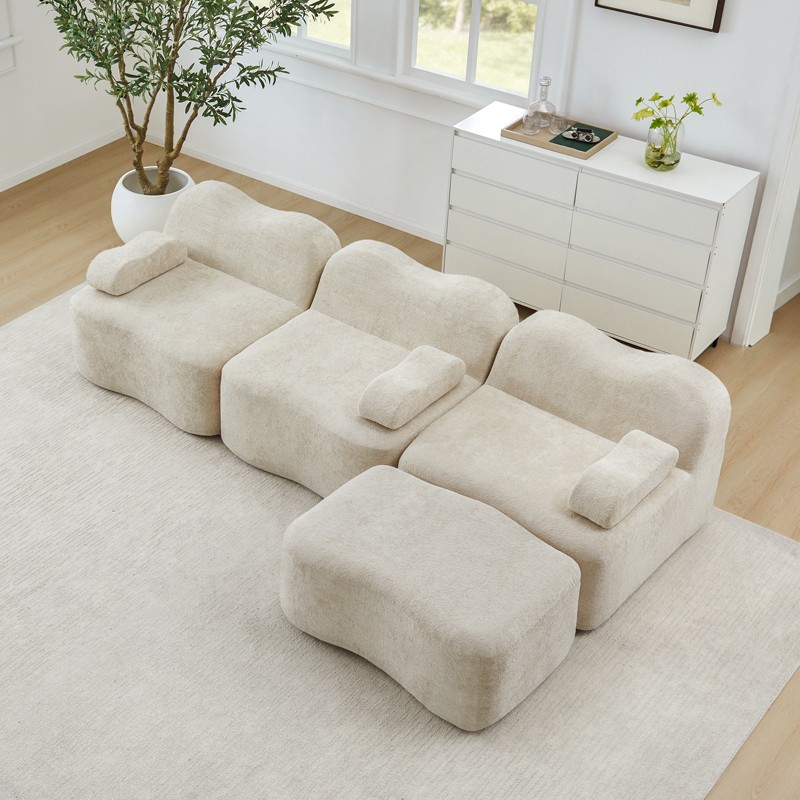 Canapé modulaire beige 3 places en L avec ottoman et design ondulé